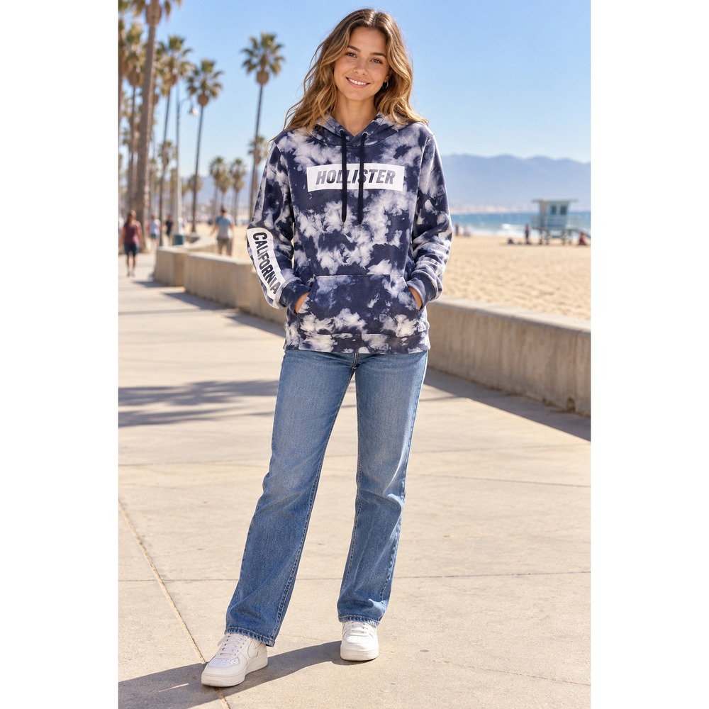 Hollister California Tie Dye Hoodie Navy White Logo Graphic Sweatshirt XL